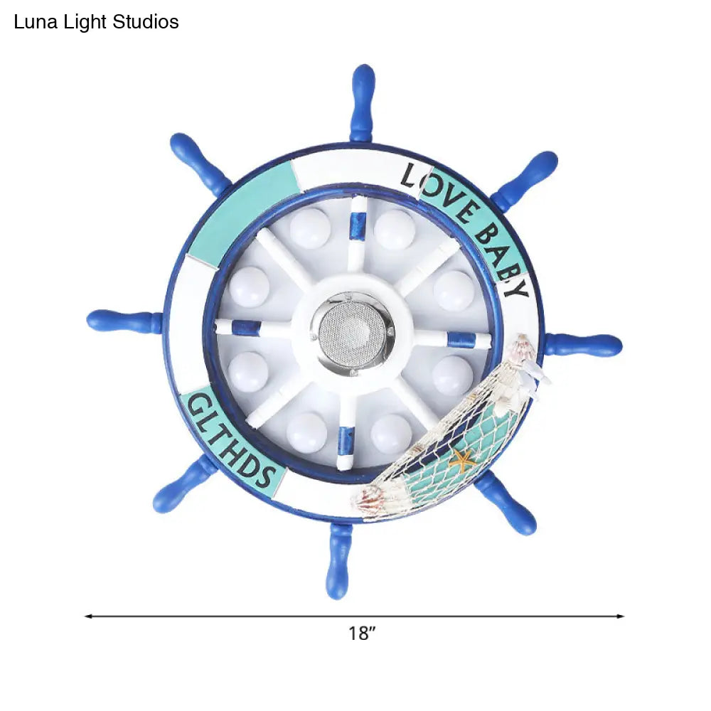 Blue Rudder Led Flush Light Fixture: 18’/25.5’ W Wooden Mount For Boys Bedroom