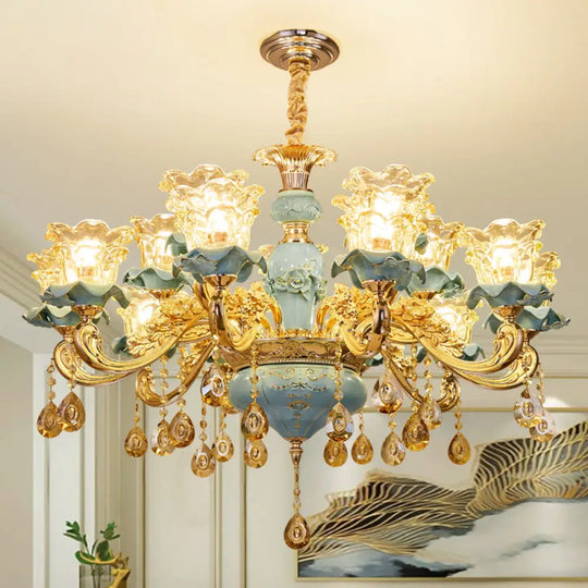 Blue Ruffle Flower Handblown Glass Chandelier With Crystal Draping - Retro Pendant Light 18 /