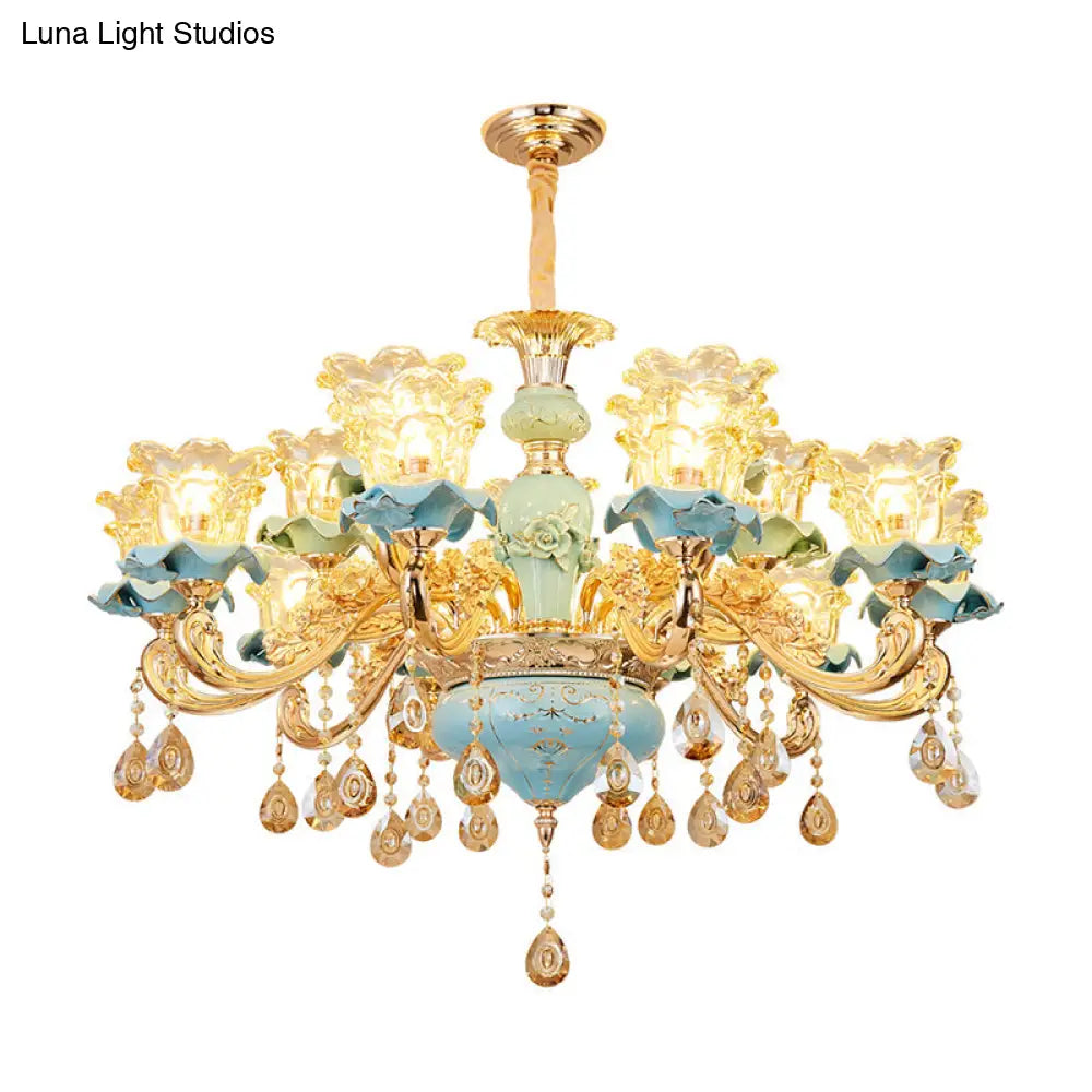 Blue Ruffle Flower Handblown Glass Chandelier With Crystal Draping - Retro Pendant Light