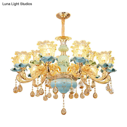 Blue Ruffle Flower Handblown Glass Chandelier With Crystal Draping - Retro Pendant Light