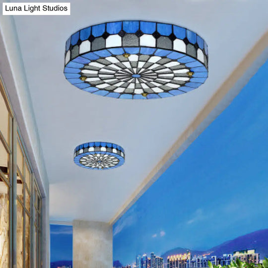 Blue Rustic Stained Glass Flushmount Ceiling Light - Round Design For Bedroom