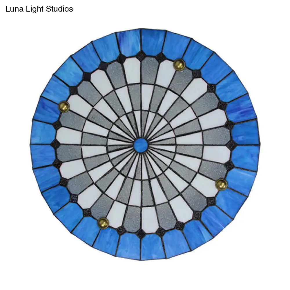 Blue Rustic Stained Glass Flushmount Ceiling Light - Round Design For Bedroom