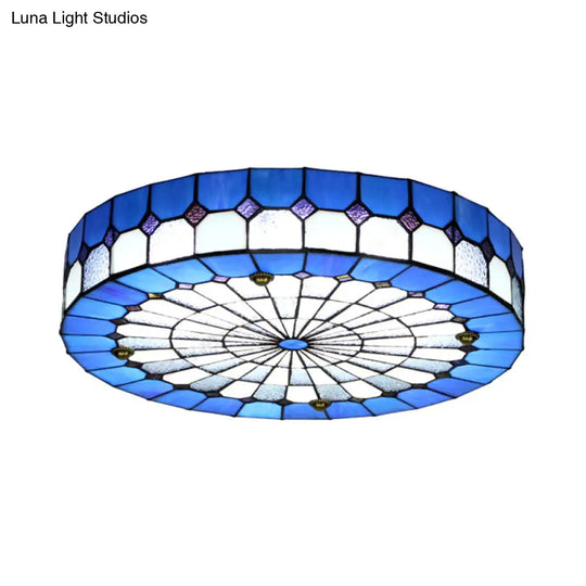 Blue Rustic Stained Glass Flushmount Ceiling Light - Round Design For Bedroom
