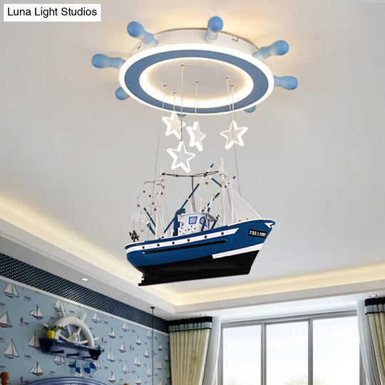 Blue Sailboat Led Ceiling Light With Flush Mount Rudder And Hanging Design