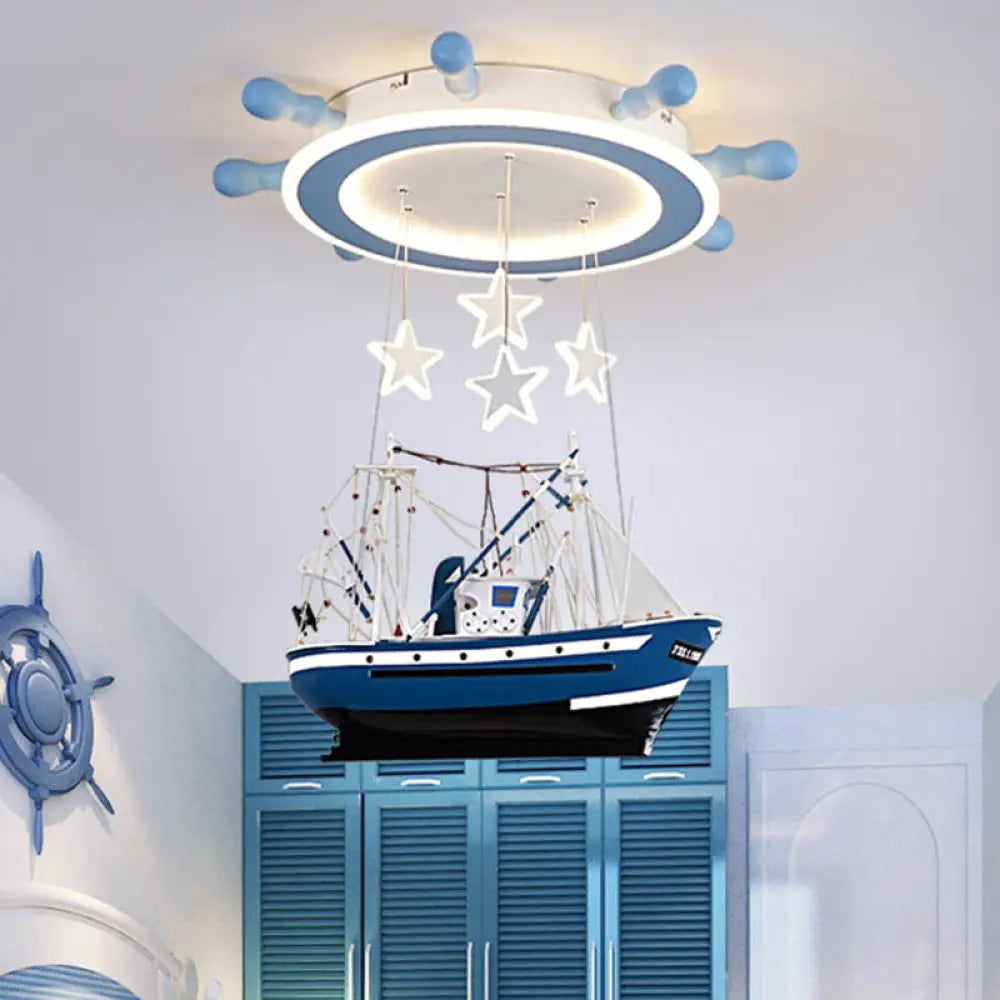 Blue Sailboat Led Ceiling Light With Flush Mount Rudder And Hanging Design