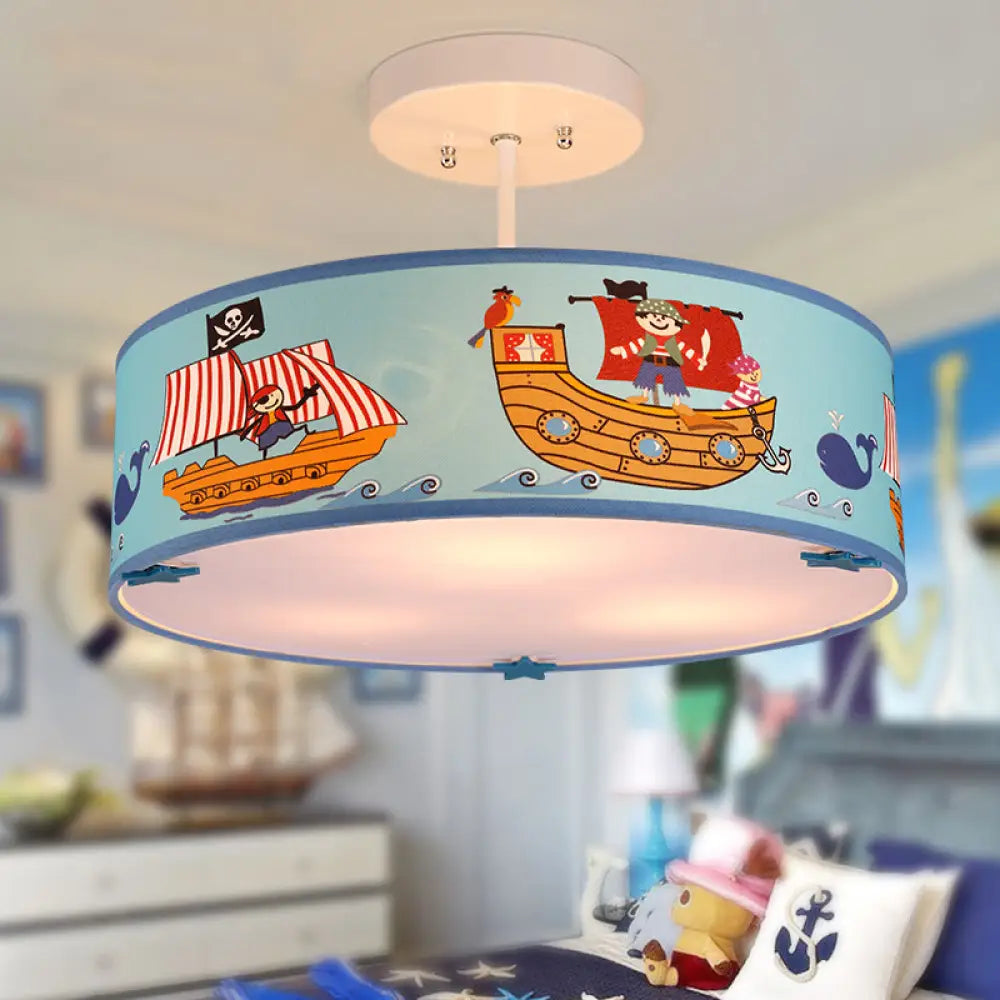 Blue Ship Drum Ceiling Light With 3 Acrylic Lights For Kindergarten