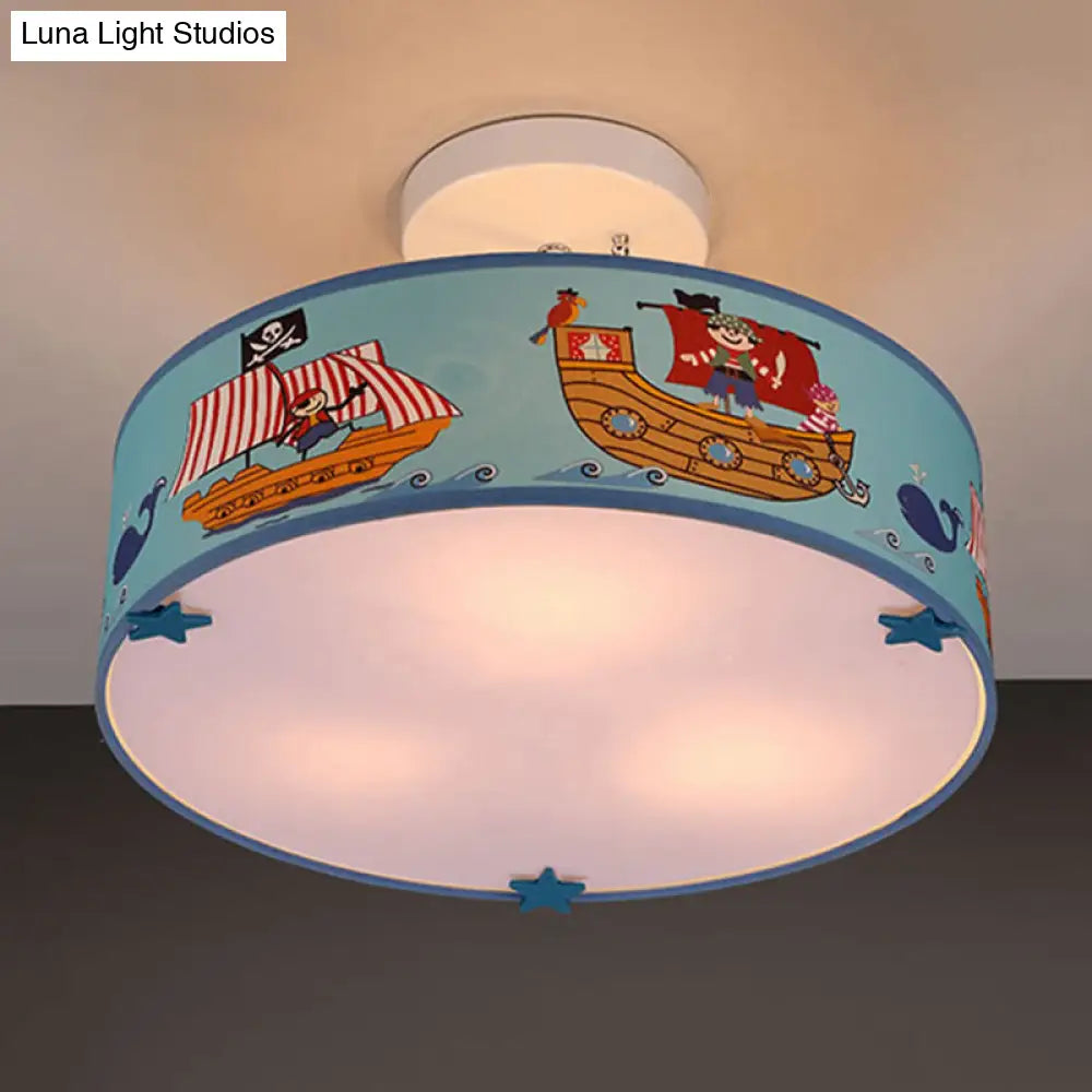 Blue Ship Drum Ceiling Light With 3 Acrylic Lights For Kindergarten