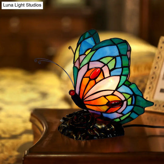 Blue Stained Art Glass Victorian Butterfly Table Lamp - Nightstand Light