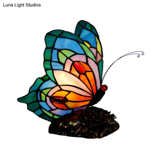 Blue Stained Art Glass Victorian Butterfly Table Lamp - Nightstand Light