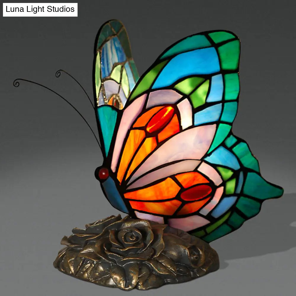 Blue Stained Art Glass Victorian Butterfly Table Lamp - Nightstand Light