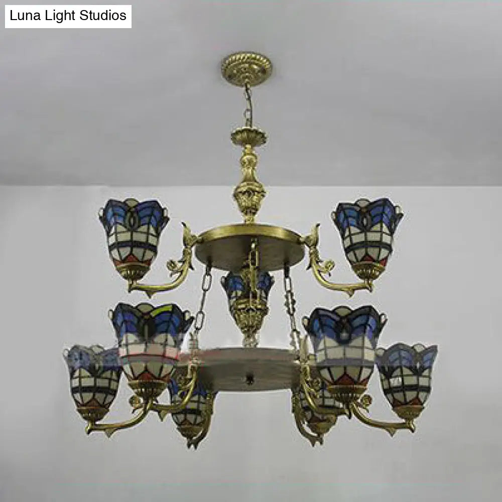 Blue Stained Glass Baroque Bell Chandelier Light With Adjustable Chain - 2 Tiers