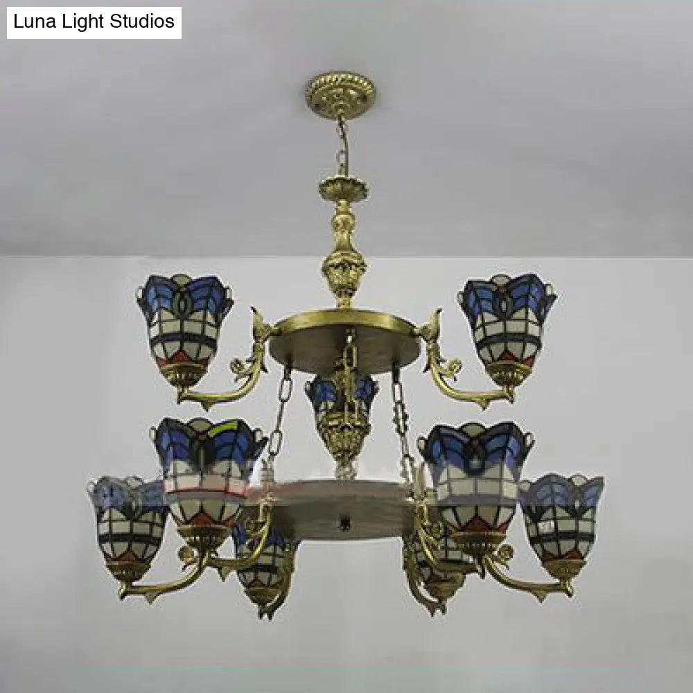 Blue Stained Glass Baroque Bell Chandelier With Adjustable Chain - 2 Tiers Suspended Lighting