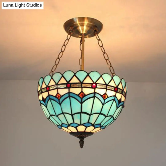 Blue Stained Glass Baroque Bowl Ceiling Light Fixture - Indoor Chandelier For Restaurants