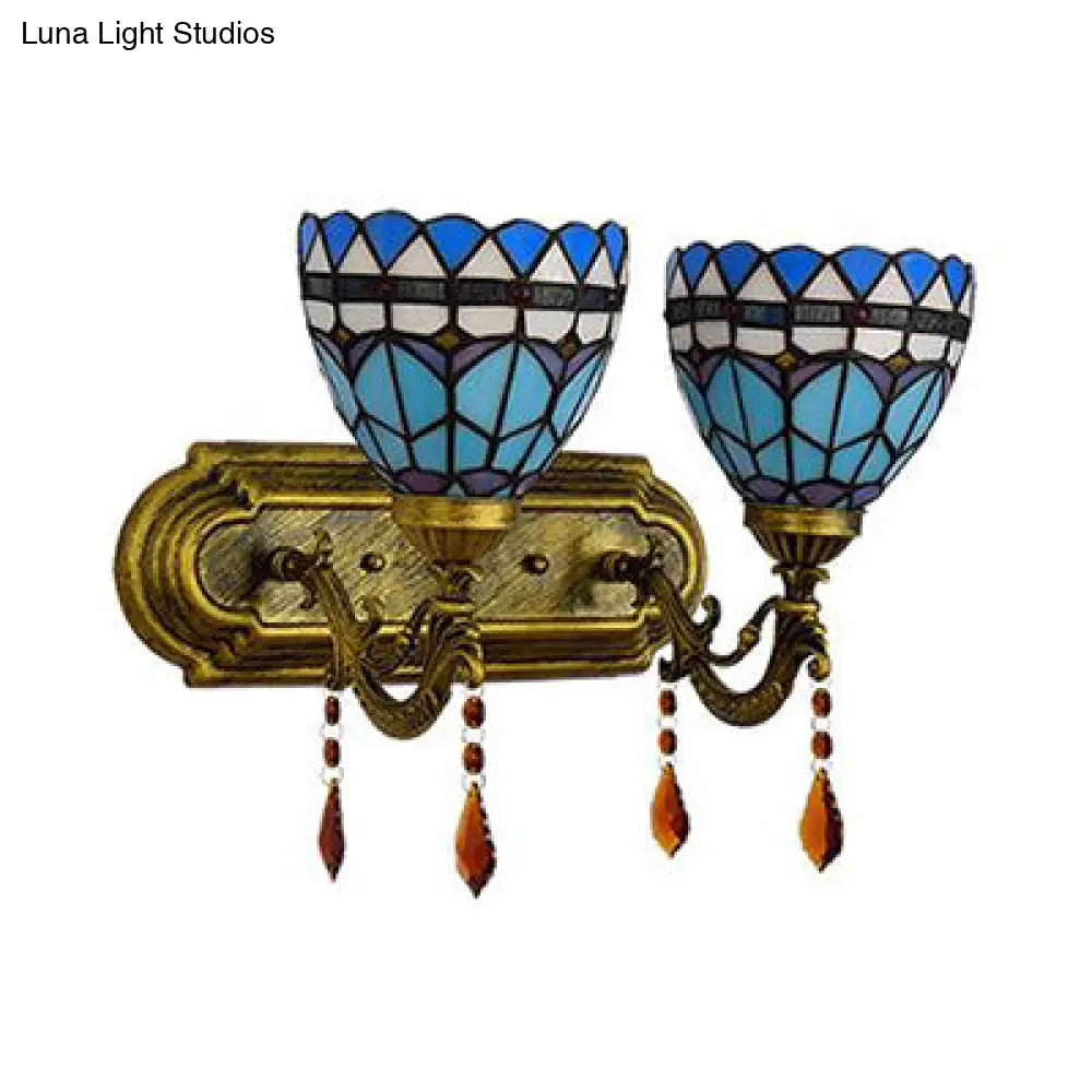 Blue Stained Glass Baroque Sconce Light With Bowl Shade - 2-Light Wall Lighting