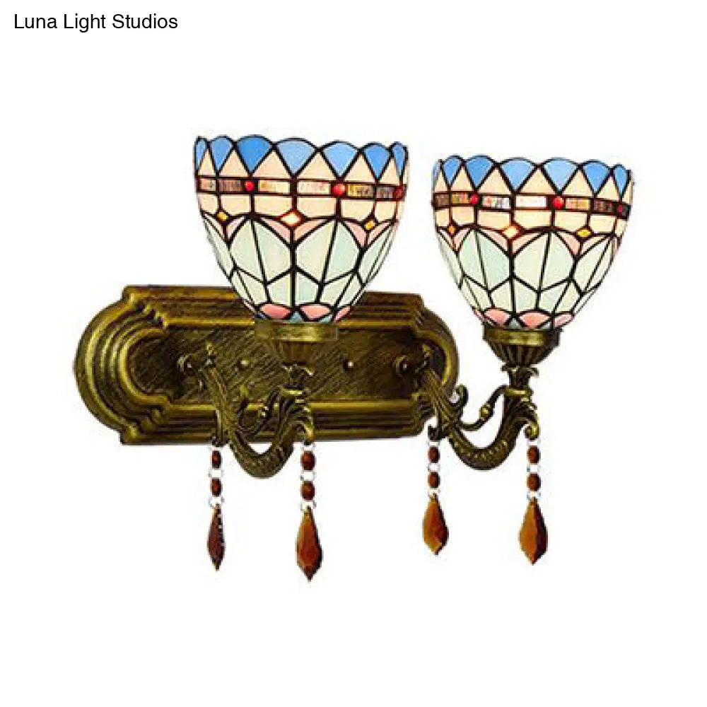 Blue Stained Glass Baroque Sconce Light With Bowl Shade - 2-Light Wall Lighting