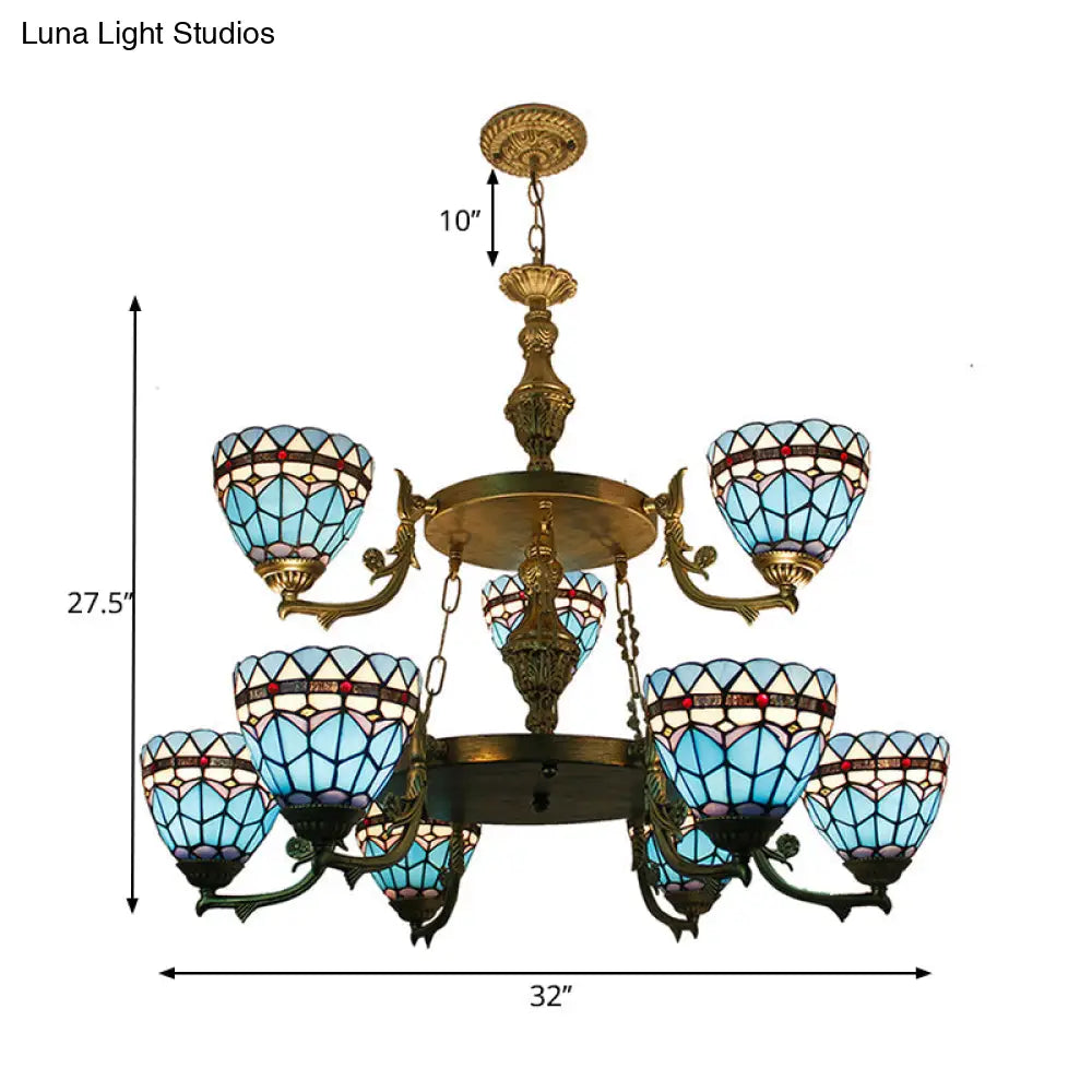 Blue Stained Glass Bowl Chandelier Light - 9-Light Baroque Ceiling Fixture For Hallway