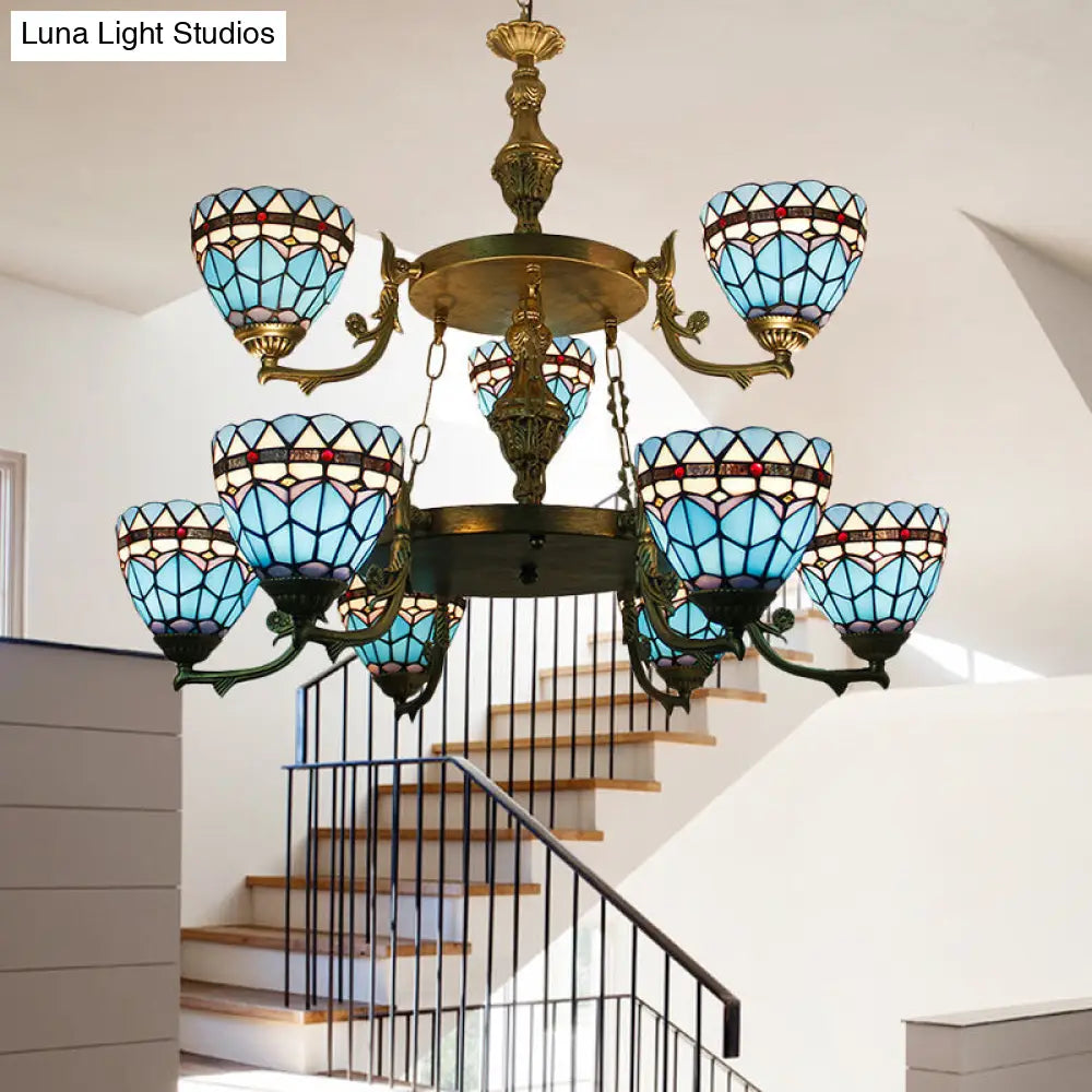 Blue Stained Glass Bowl Chandelier Light - 9-Light Baroque Ceiling Fixture For Hallway