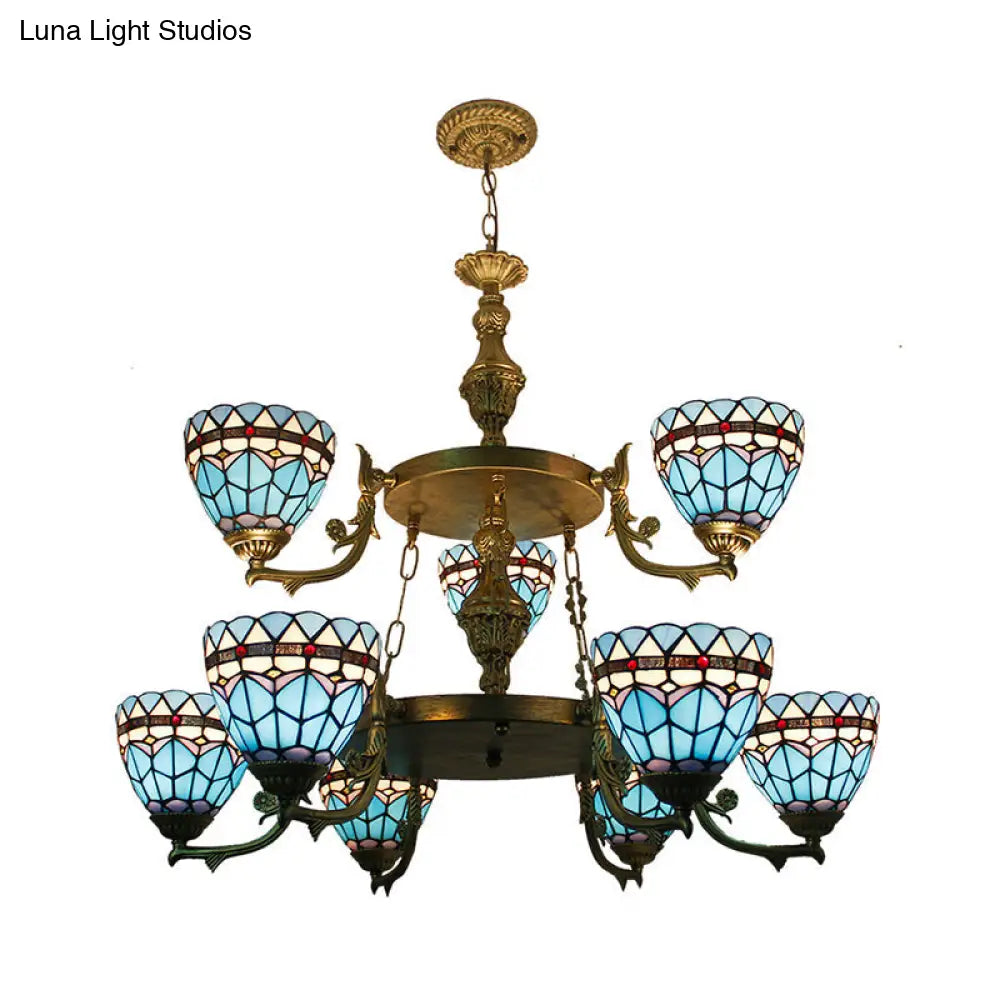 Blue Stained Glass Bowl Chandelier Light - 9-Light Baroque Ceiling Fixture For Hallway