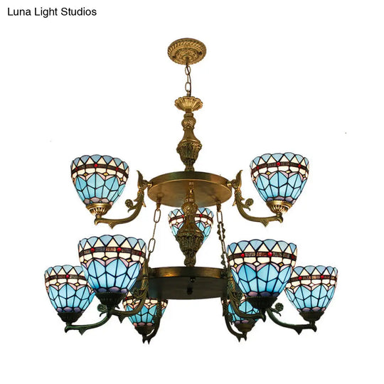 Blue Stained Glass Bowl Chandelier Light - 9-Light Baroque Ceiling Fixture For Hallway