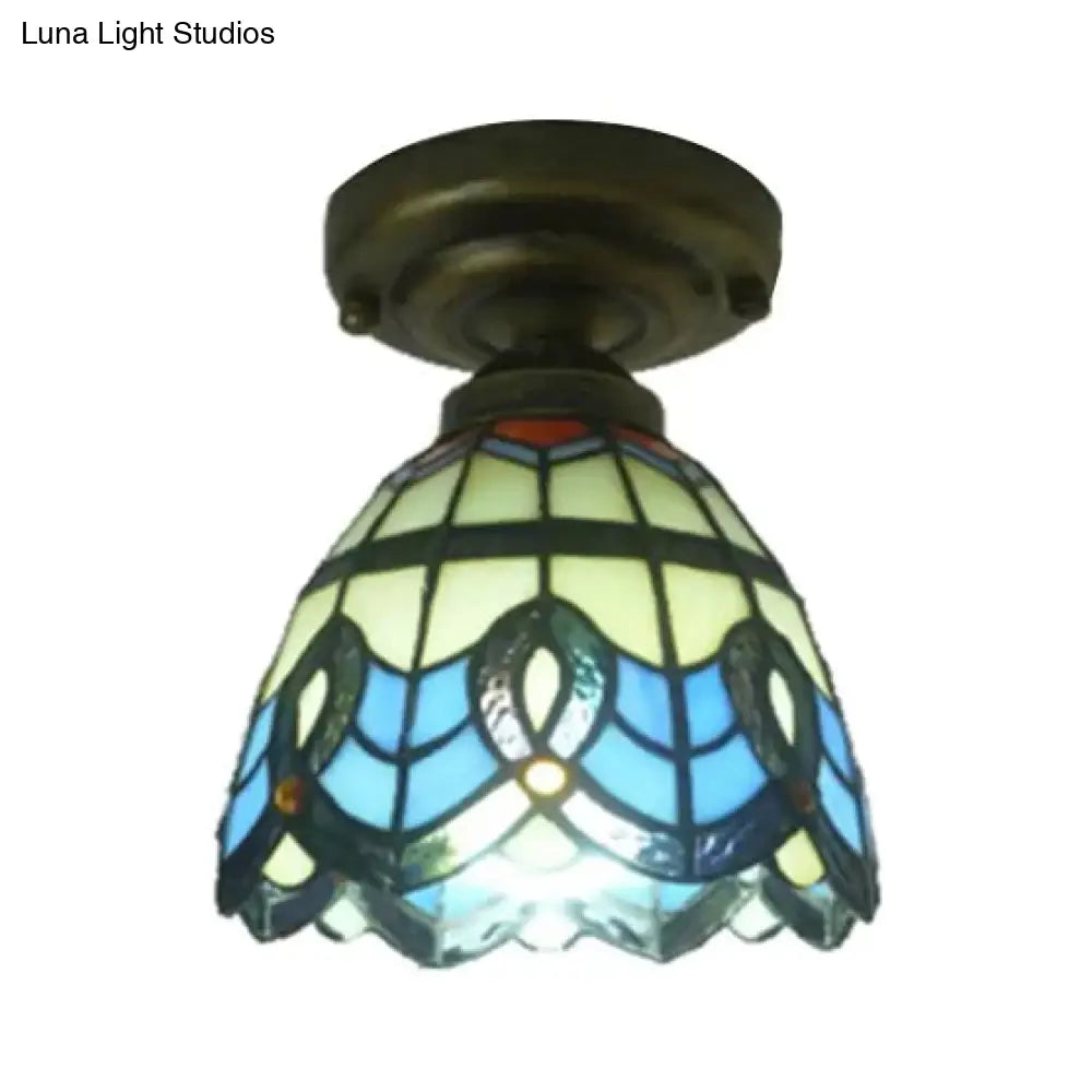 Blue Stained Glass Ceiling Light - Baroque Style Semi Flush Mount With Bell Shade