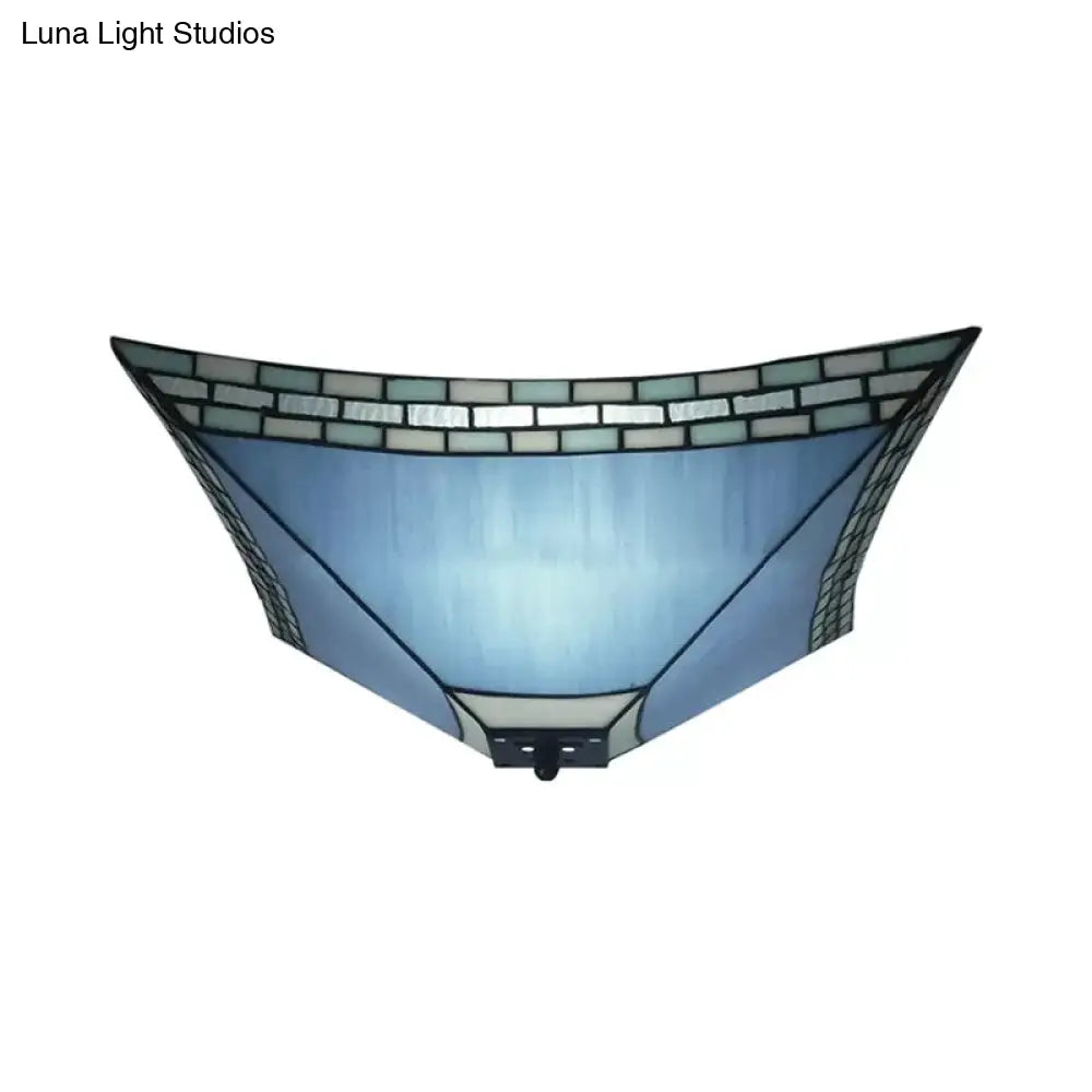 Blue Stained Glass Ceiling Light: Flush Mount With Tiffany Style Pyramid Shade - Perfect For Living
