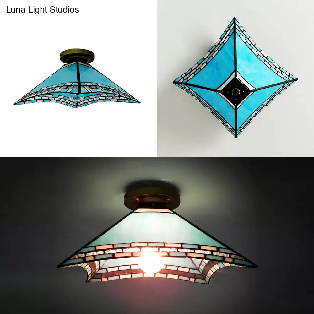 Blue Stained Glass Ceiling Light - Tiffany Flared Semi Flush Mount For Bedroom