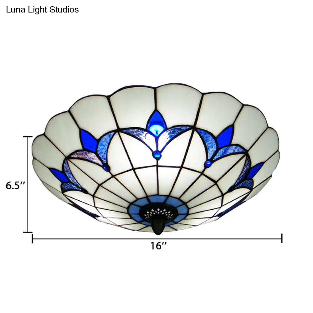 Blue Stained Glass Ceiling Light - Tiffany Style Floral Shade 3 - Light Flush Mount For Bedroom