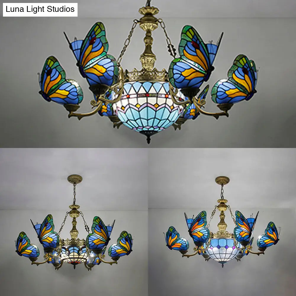 Blue Stained Glass Chandelier Light - Adjustable Chain Pendant For Living Room Décor