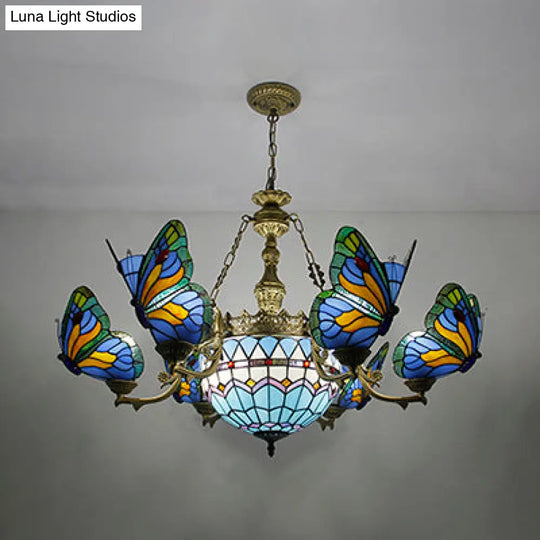 Blue Stained Glass Chandelier Light - Adjustable Chain Pendant For Living Room Décor