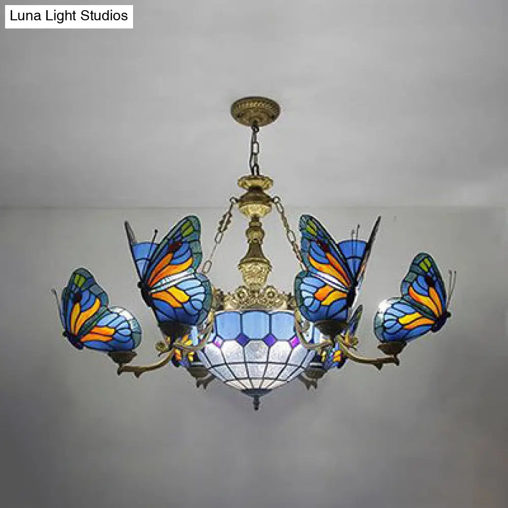 Blue Stained Glass Chandelier Light - Adjustable Chain Pendant For Living Room Décor