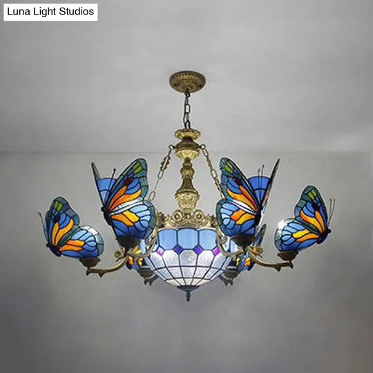 Blue Stained Glass Chandelier Light - Adjustable Chain Pendant For Living Room Décor