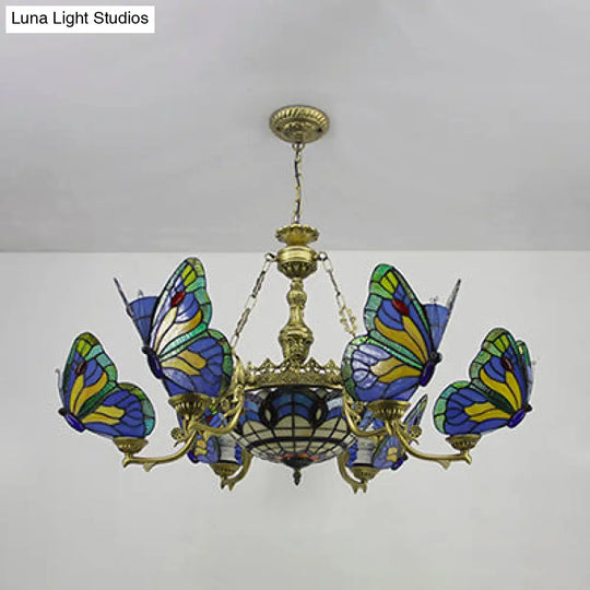 Blue Stained Glass Chandelier Light - Adjustable Chain Pendant For Living Room Décor