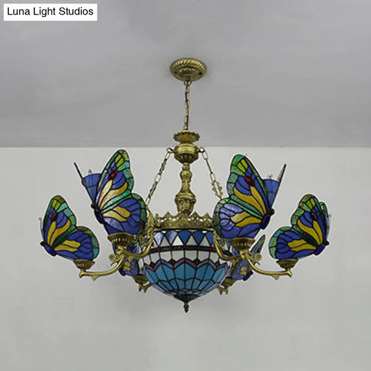 Blue Stained Glass Chandelier Light - Adjustable Chain Pendant For Living Room Décor