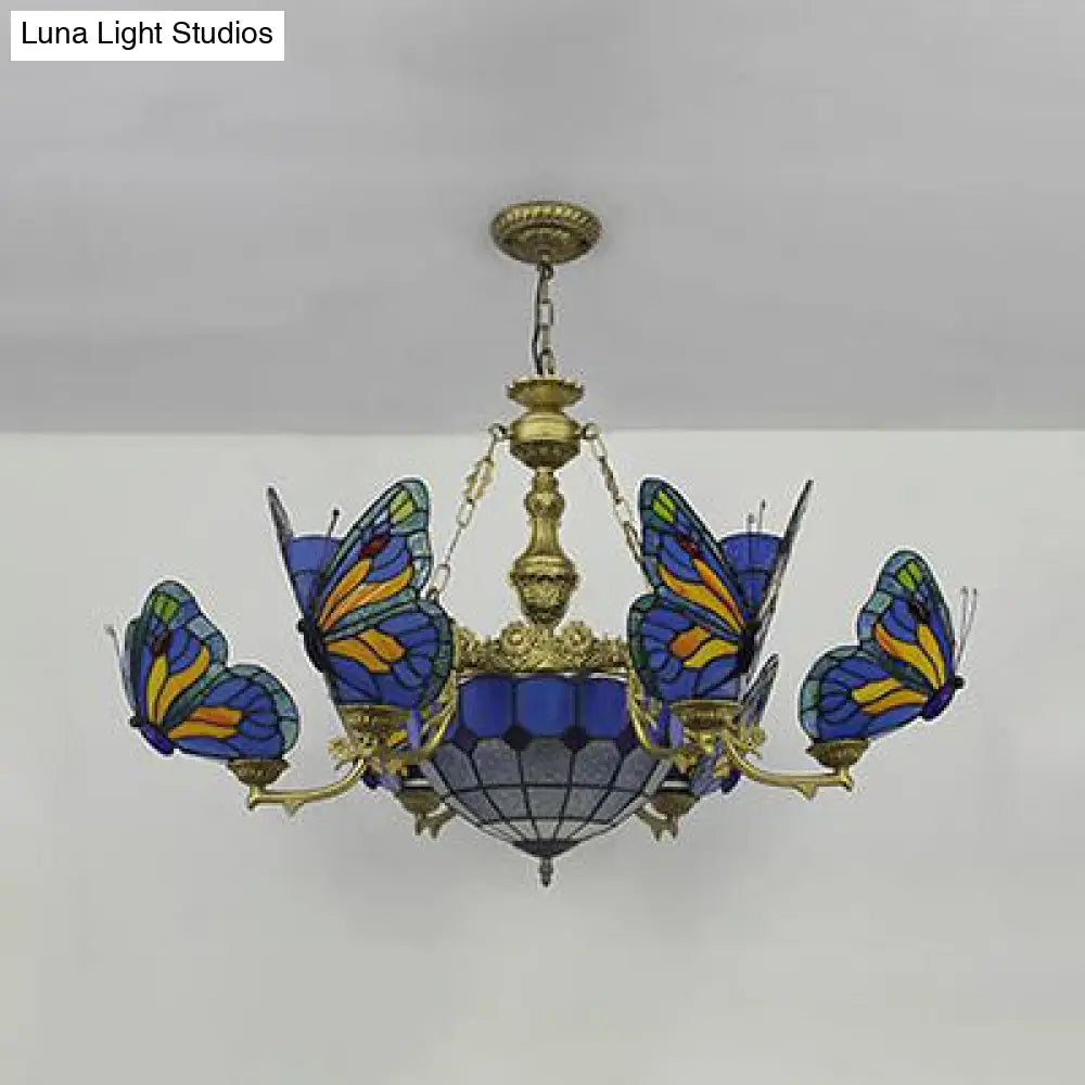 Blue Stained Glass Chandelier Light - Adjustable Chain Pendant For Living Room Décor