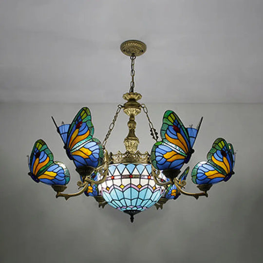 Blue Stained Glass Chandelier Light - Adjustable Chain Pendant For Living Room Décor / Baroque