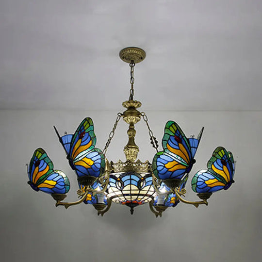 Blue Stained Glass Chandelier Light - Adjustable Chain Pendant For Living Room Décor / Butterfly