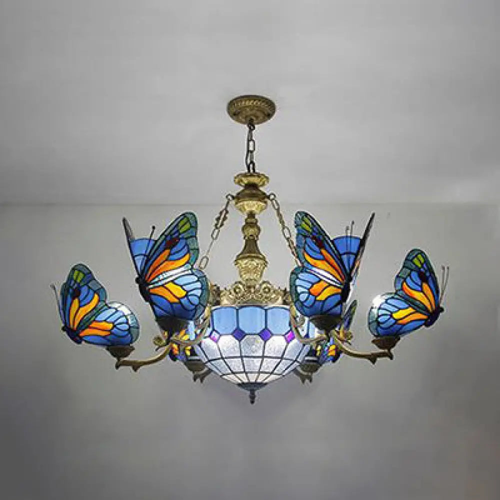 Blue Stained Glass Chandelier Light - Adjustable Chain Pendant For Living Room Décor / Square