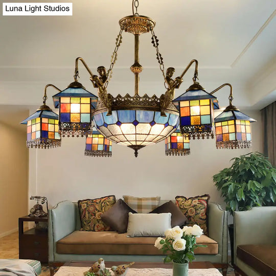 Mediterranean Stained Glass Chandelier With Blue Lights For Living Room Ceiling 9 /