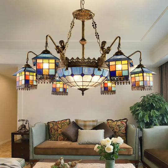 Blue Stained Glass Chandelier Light Fixture For Living Room - Mediterranean House Ceiling With