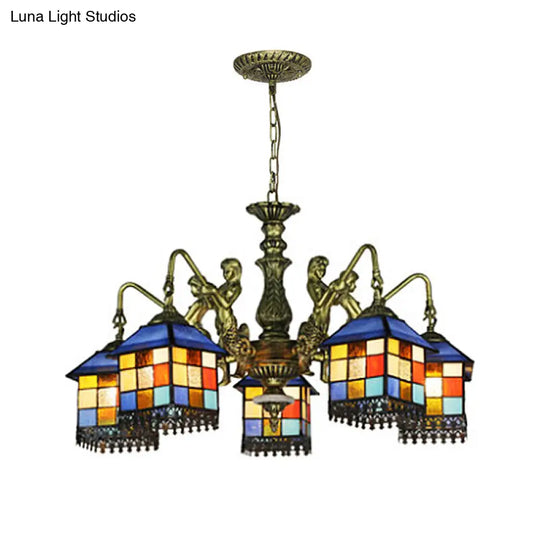 Mediterranean Stained Glass Chandelier With Blue Lights For Living Room Ceiling