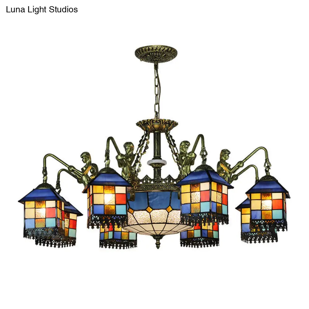 Mediterranean Stained Glass Chandelier With Blue Lights For Living Room Ceiling