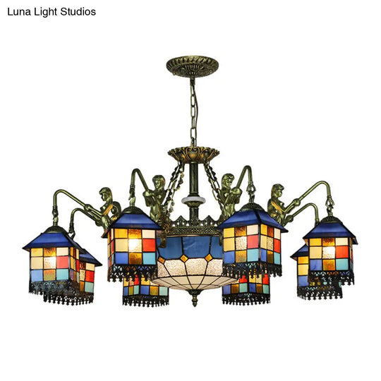 Mediterranean Stained Glass Chandelier With Blue Lights For Living Room Ceiling