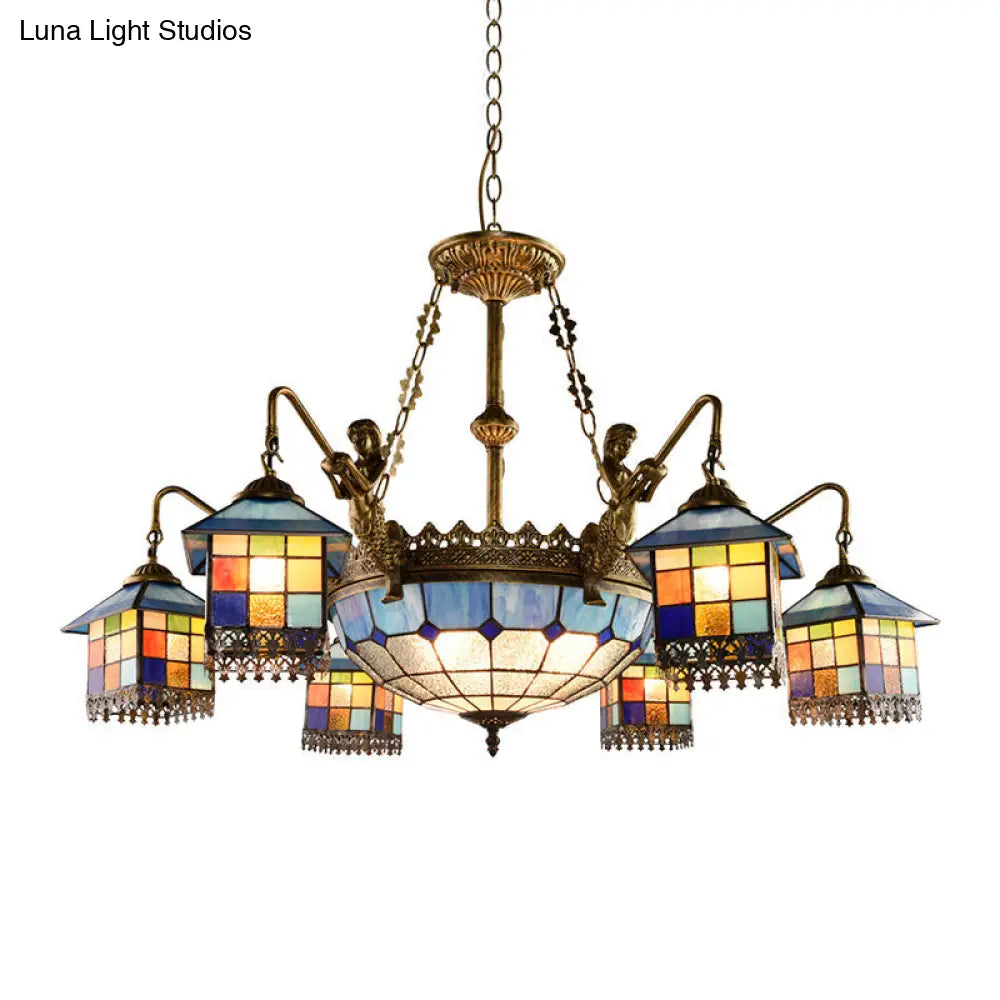 Mediterranean Stained Glass Chandelier With Blue Lights For Living Room Ceiling