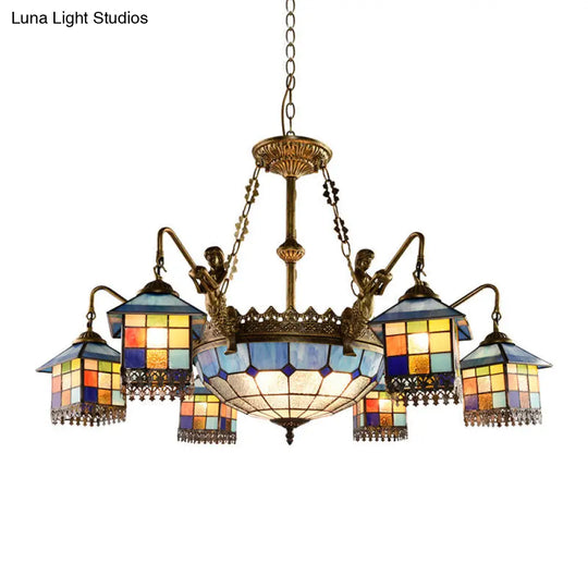 Mediterranean Stained Glass Chandelier With Blue Lights For Living Room Ceiling