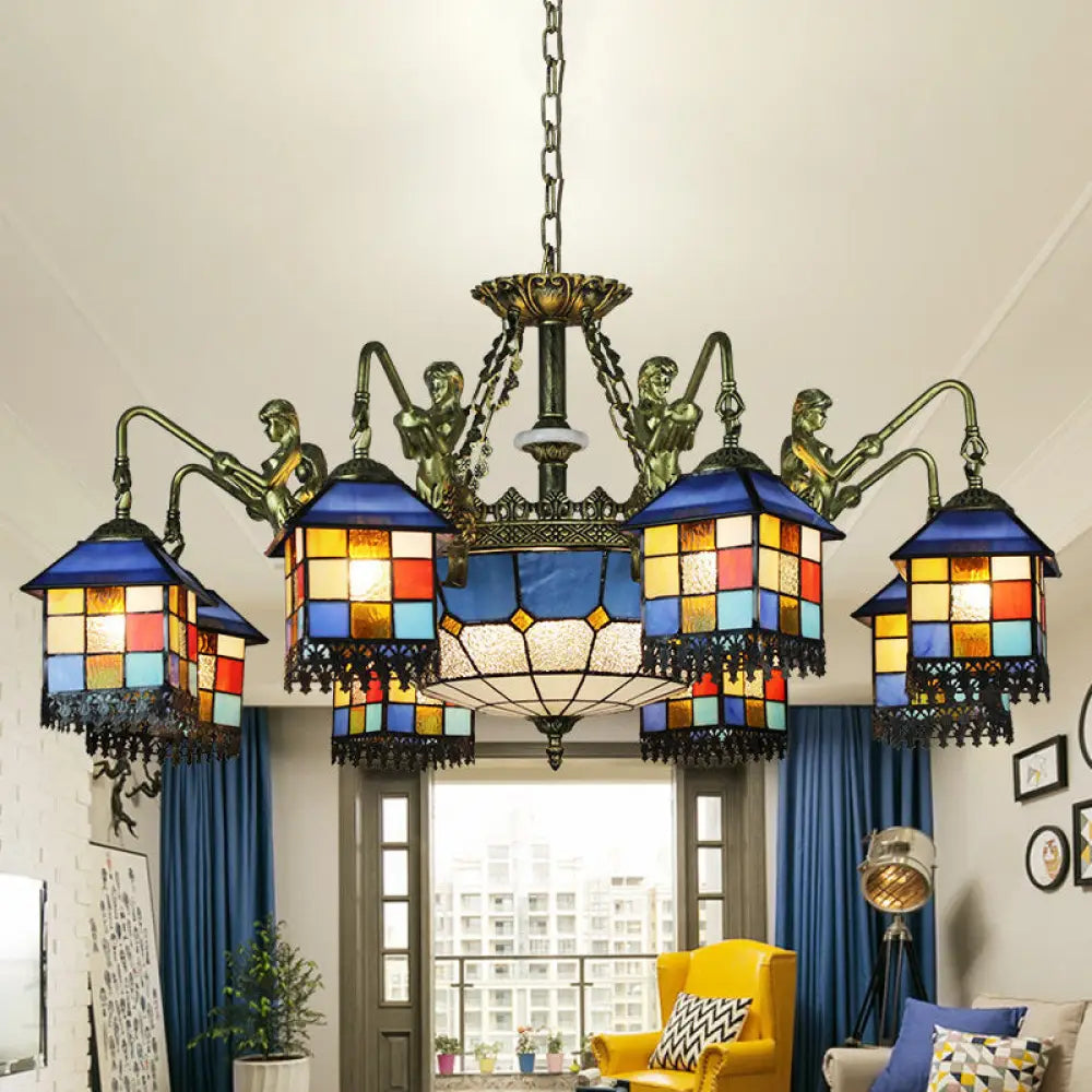 Blue Stained Glass Chandelier Light Fixture For Living Room - Mediterranean House Ceiling With