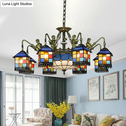 Blue Stained Glass Chandelier Light Fixture For Living Room - Mediterranean House Ceiling With