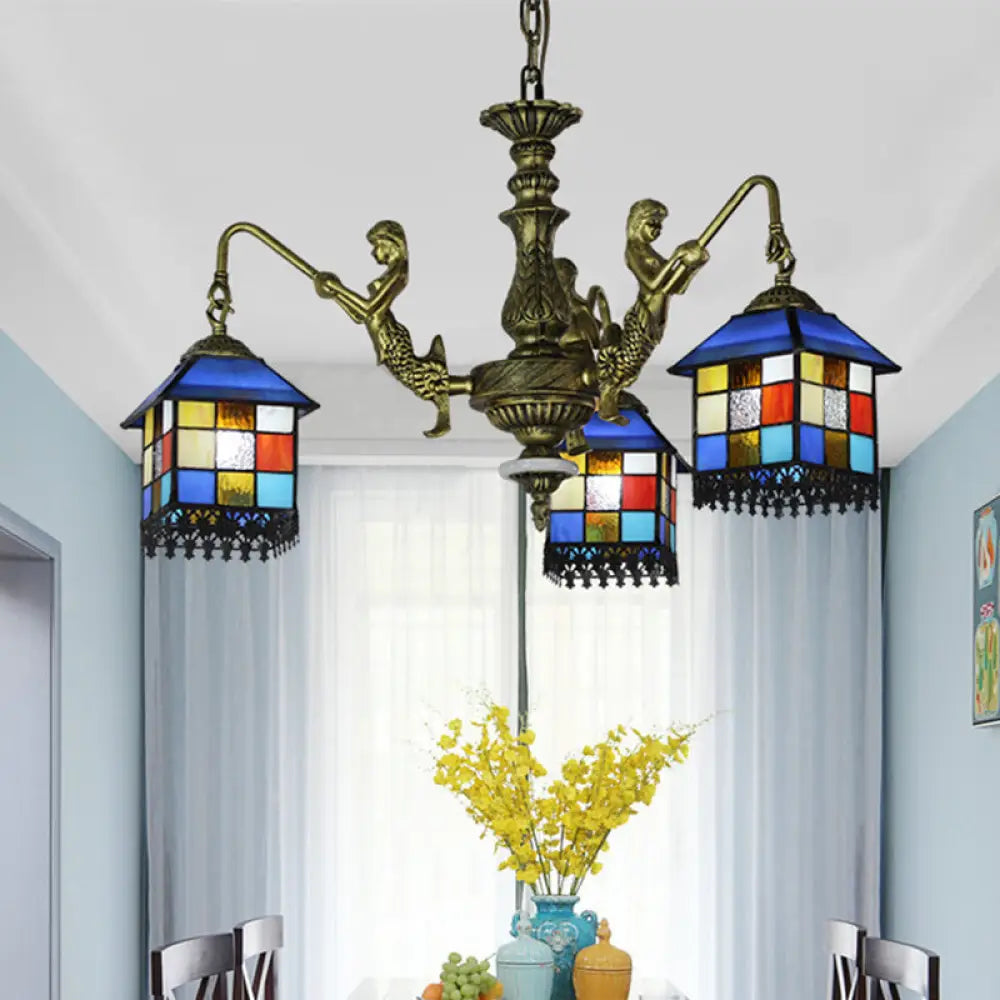 Blue Stained Glass Chandelier Light Fixture For Living Room - Mediterranean House Ceiling With