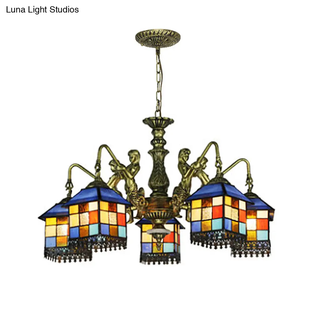 Blue Stained Glass Chandelier Light Fixture For Living Room - Mediterranean House Ceiling With