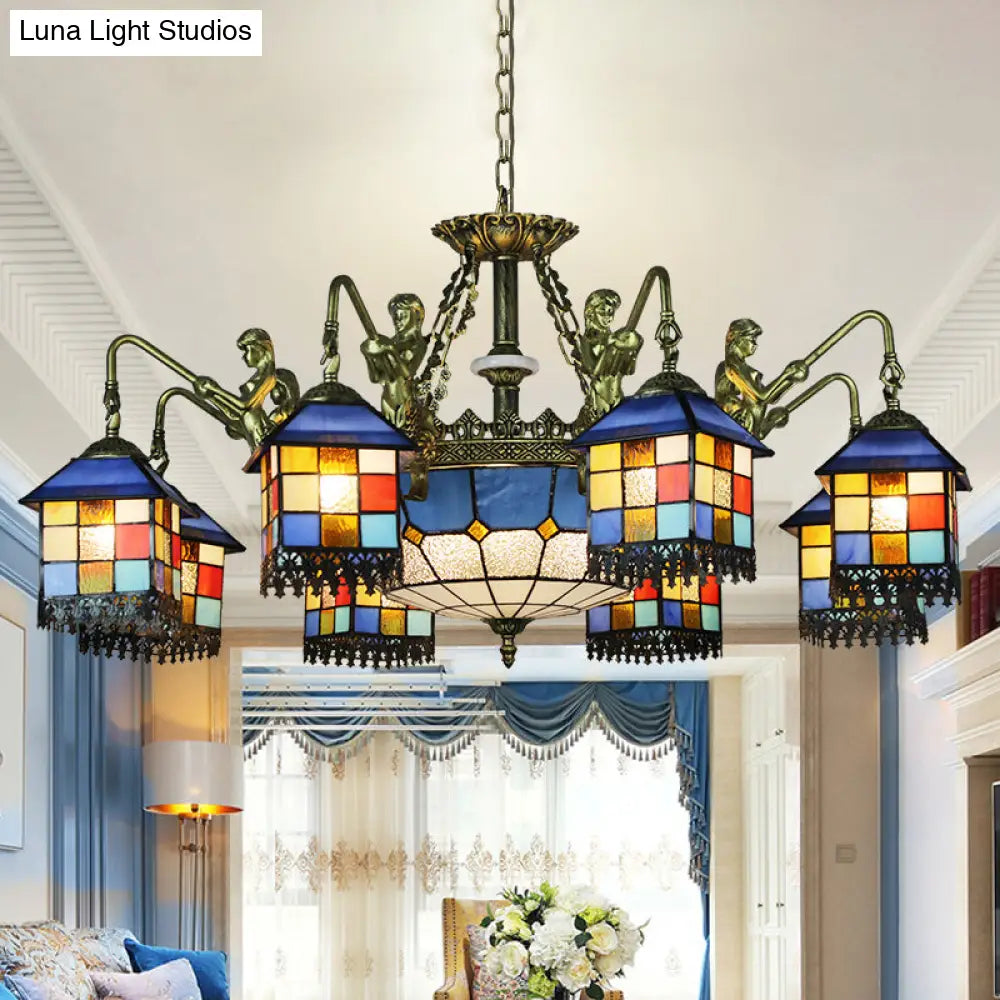 Blue Stained Glass Chandelier Light Fixture For Living Room - Mediterranean House Ceiling With