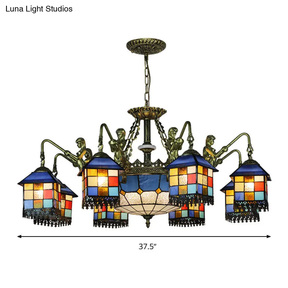 Mediterranean Stained Glass Chandelier With Blue Lights For Living Room Ceiling